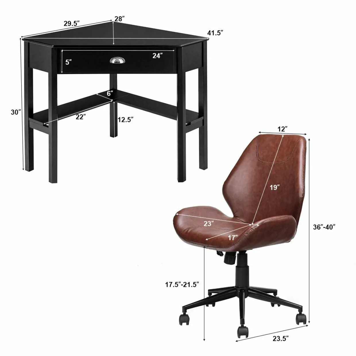 Tangkula 2PS Desk and Chair Set, Corner Desk with Height Adjustable Ergonomic Swivel Chair