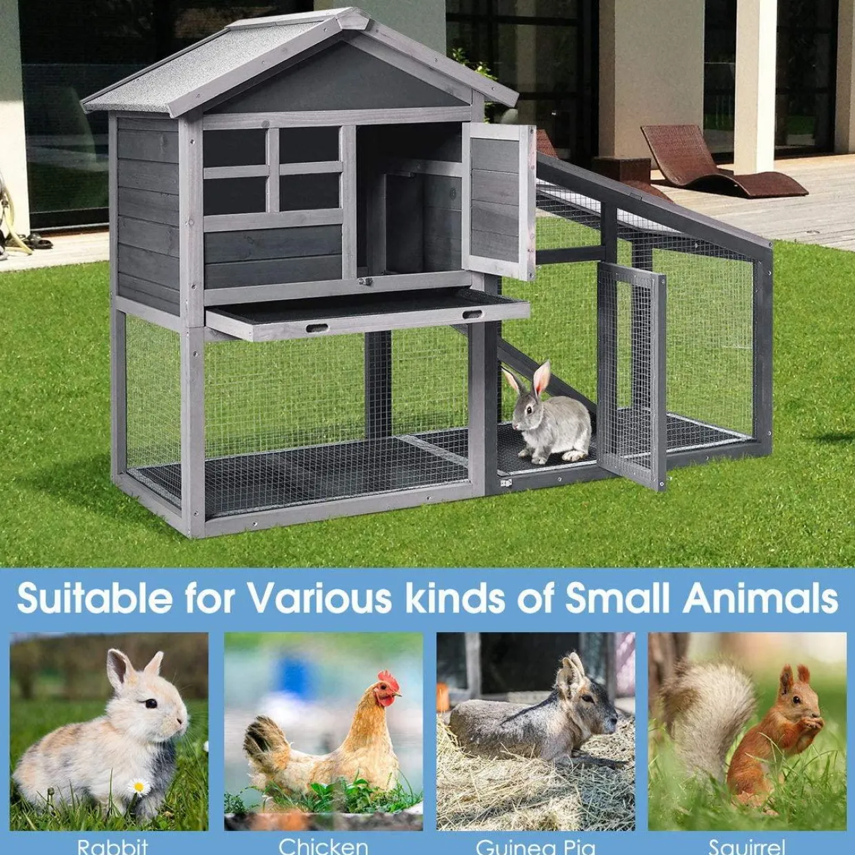 Tangkula Rabbit Hutch Indoor Outdoor, Wooden Chicken Coop, Bunny Hutch with Run