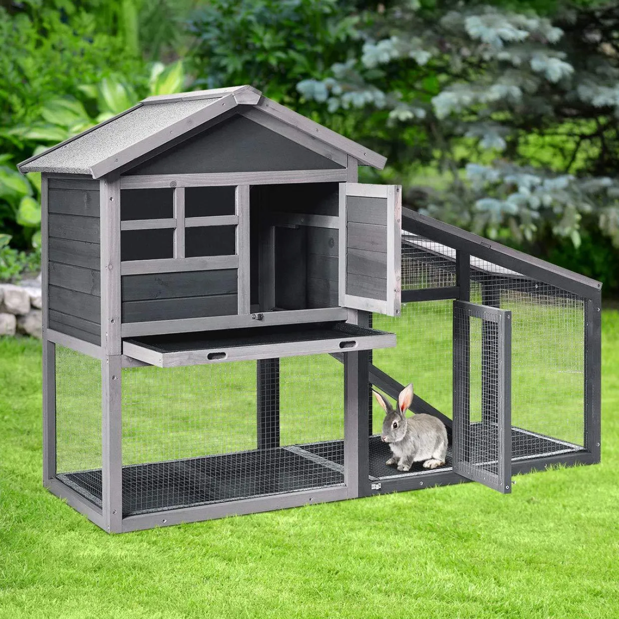 Tangkula Rabbit Hutch Indoor Outdoor, Wooden Chicken Coop, Bunny Hutch with Run