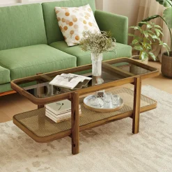 Tangkula Rattan Coffee Table, 47.5”L Boho Cocktail Tables, 2-Tier Center Table with Tempered Glass Tabletop (Natural)