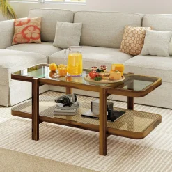 Tangkula Rattan Coffee Table, 47.5”L Boho Cocktail Tables, 2-Tier Center Table with Tempered Glass Tabletop (Natural)