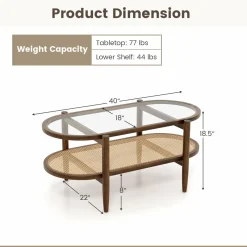 Tangkula Rattan Coffee Table, 40”L Boho Oval Acacia Wood Cocktail Table with Tempered Glass Tabletop & PE Rattan Storage Shelf