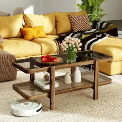 Tangkula Rattan Coffee Table, 47.5”L Boho Cocktail Tables, 2-Tier Center Table with Tempered Glass Tabletop (Natural)