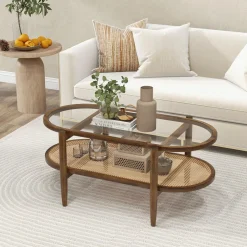Tangkula Rattan Coffee Table, 40”L Boho Oval Acacia Wood Cocktail Table with Tempered Glass Tabletop & PE Rattan Storage Shelf