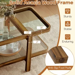 Tangkula Rattan Coffee Table, 47.5”L Boho Cocktail Tables, 2-Tier Center Table with Tempered Glass Tabletop (Natural)