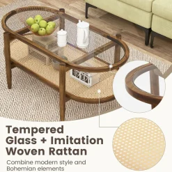 Tangkula Rattan Coffee Table, 40”L Boho Oval Acacia Wood Cocktail Table with Tempered Glass Tabletop & PE Rattan Storage Shelf