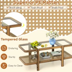 Tangkula Rattan Coffee Table, 47.5”L Boho Cocktail Tables, 2-Tier Center Table with Tempered Glass Tabletop (Natural)