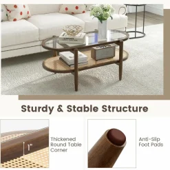 Tangkula Rattan Coffee Table, 40”L Boho Oval Acacia Wood Cocktail Table with Tempered Glass Tabletop & PE Rattan Storage Shelf