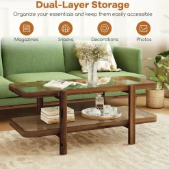 Tangkula Rattan Coffee Table, 47.5”L Boho Cocktail Tables, 2-Tier Center Table with Tempered Glass Tabletop (Natural)