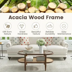 Tangkula Rattan Coffee Table, 40”L Boho Oval Acacia Wood Cocktail Table with Tempered Glass Tabletop & PE Rattan Storage Shelf
