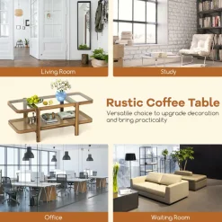 Tangkula Rattan Coffee Table, 47.5”L Boho Cocktail Tables, 2-Tier Center Table with Tempered Glass Tabletop (Natural)