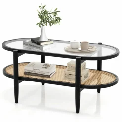 Tangkula Rattan Coffee Table, 40”L Boho Oval Acacia Wood Cocktail Table with Tempered Glass Tabletop & PE Rattan Storage Shelf