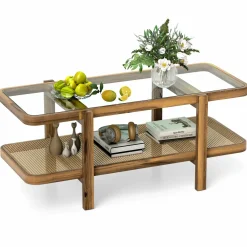 Tangkula Rattan Coffee Table, 47.5”L Boho Cocktail Tables, 2-Tier Center Table with Tempered Glass Tabletop (Natural)