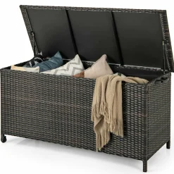 Tangkula Rattan Deck Box, 85 Gallon Storage Container with Waterproof Liner, Wheels & Gas Strut