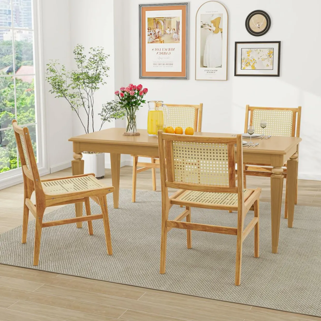 Tangkula Rattan Dining Chair, Farmhouse Kitchen Side Chairs w/Natural Cane Woven Backrest & Seat & Teak Wood Frame