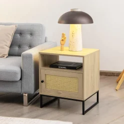 Tangkula Rattan End Table, Indoor Sofa Side Table with Shelf & Rattan Door Cabinet