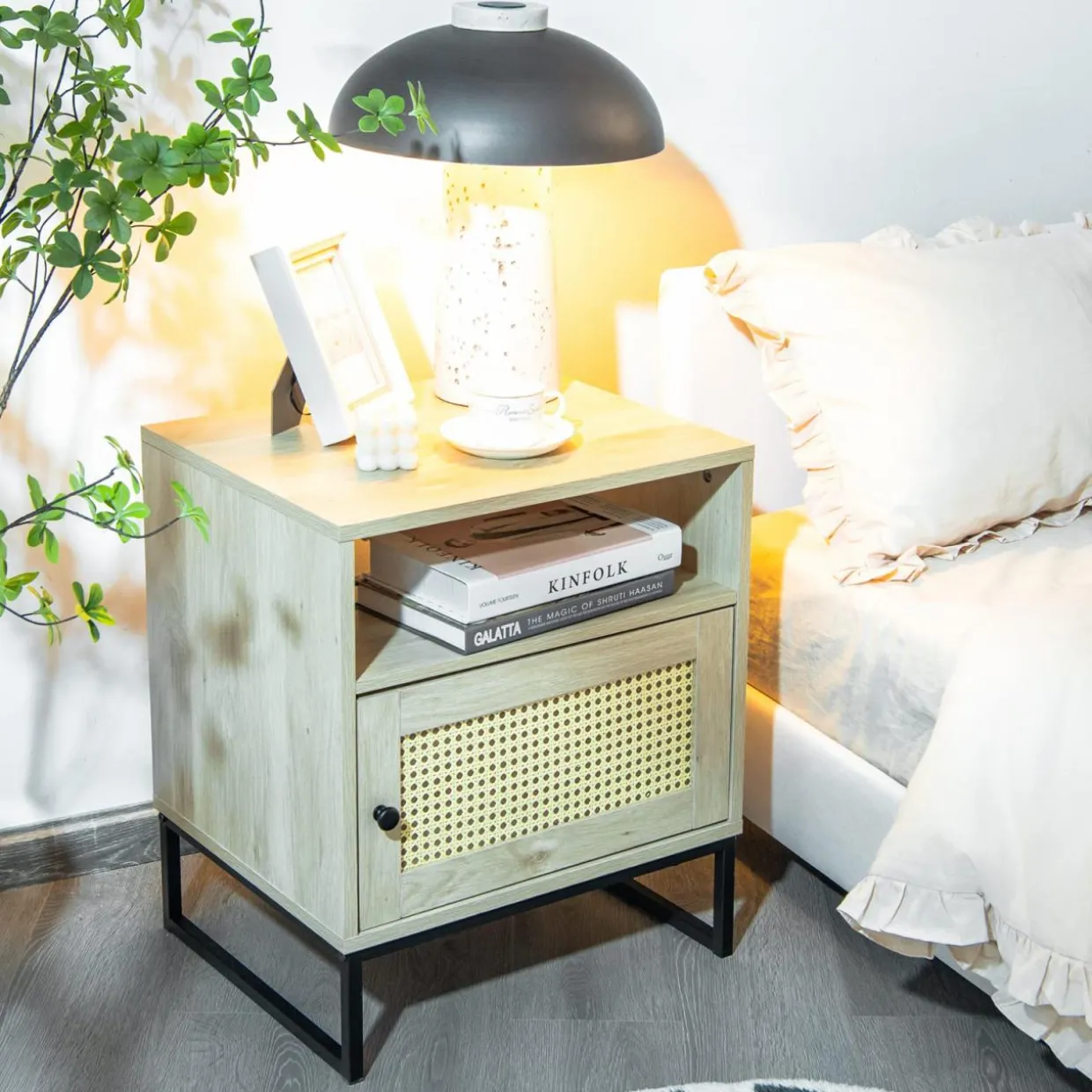 Tangkula Rattan End Table, Indoor Sofa Side Table with Shelf & Rattan Door Cabinet
