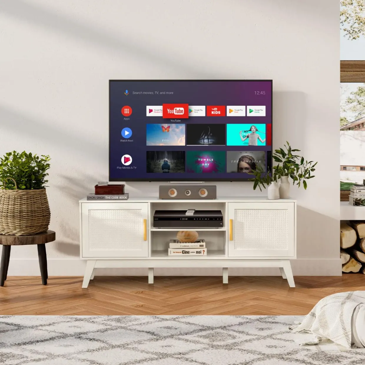 Tangkula Rattan TV Stand for TVs up to 65 Inches, Media TV Console Table