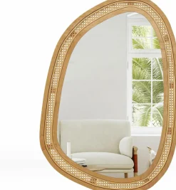 Tangkula Rattan Wall Mirror, Bohemian Irregular Wall Mounted Decorative Mirror w/Wooden Frame