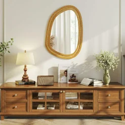 Tangkula Rattan Wall Mirror, Bohemian Irregular Wall Mounted Decorative Mirror w/Wooden Frame