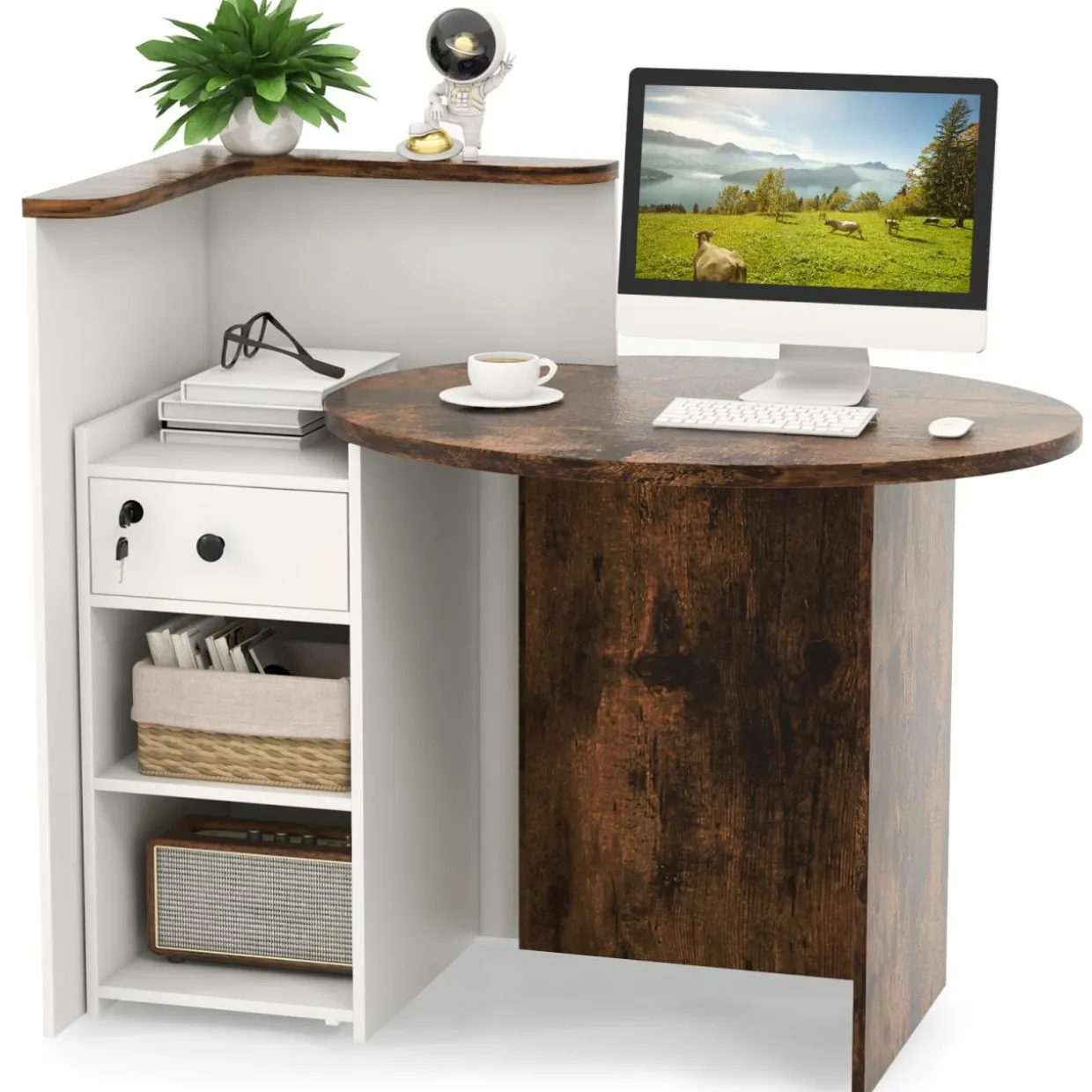Tangkula Reception Desk, Front Counter Desk with Lockable Drawer & Adjustable Shelf