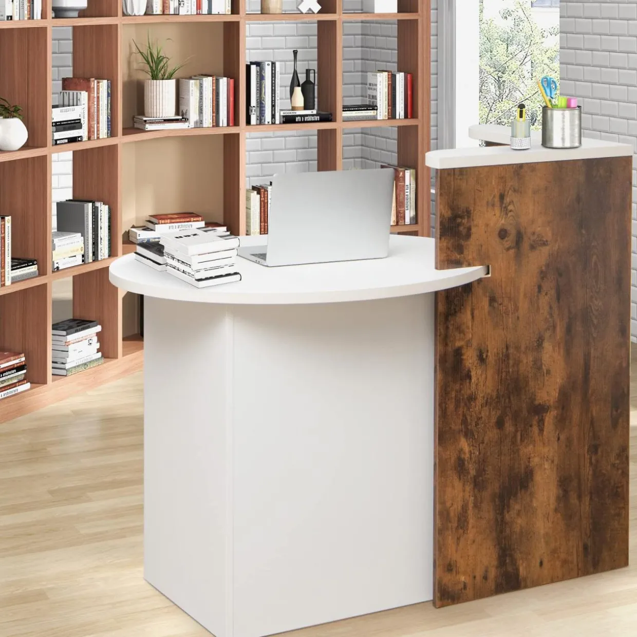 Tangkula Reception Desk, Front Counter Desk with Lockable Drawer & Adjustable Shelf