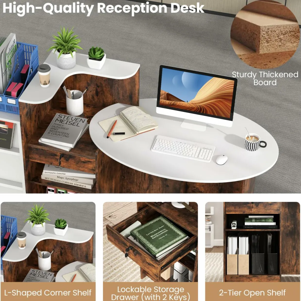 Tangkula Reception Desk, Front Counter Desk with Lockable Drawers