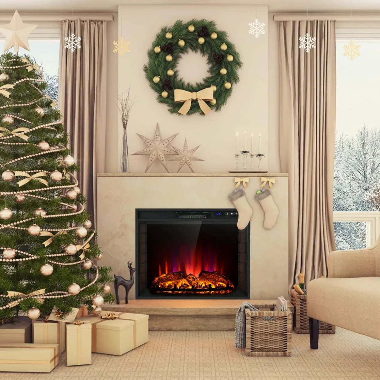 Tangkula Recessed Electric Fireplace, 26 Inch Fireplace with Adjustable Flame Brightness, LED Screen & Remote Control with Timer