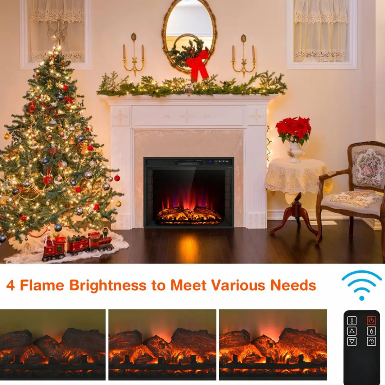 Tangkula Recessed Electric Fireplace, 26 Inch Fireplace with Adjustable Flame Brightness, LED Screen & Remote Control with Timer