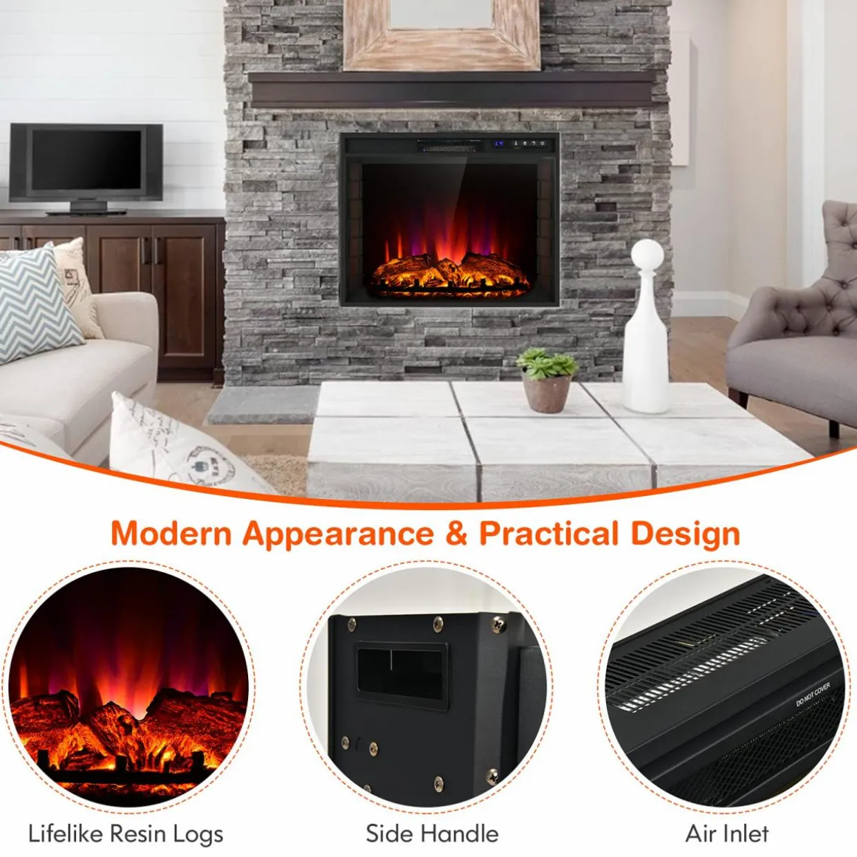 Tangkula Recessed Electric Fireplace, 26 Inch Fireplace with Adjustable Flame Brightness, LED Screen & Remote Control with Timer