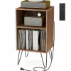 Tangkula Record Player Stand with Charging Station, Turntable Stand with Metal Legs, Vinyl Record Storage Cabinet