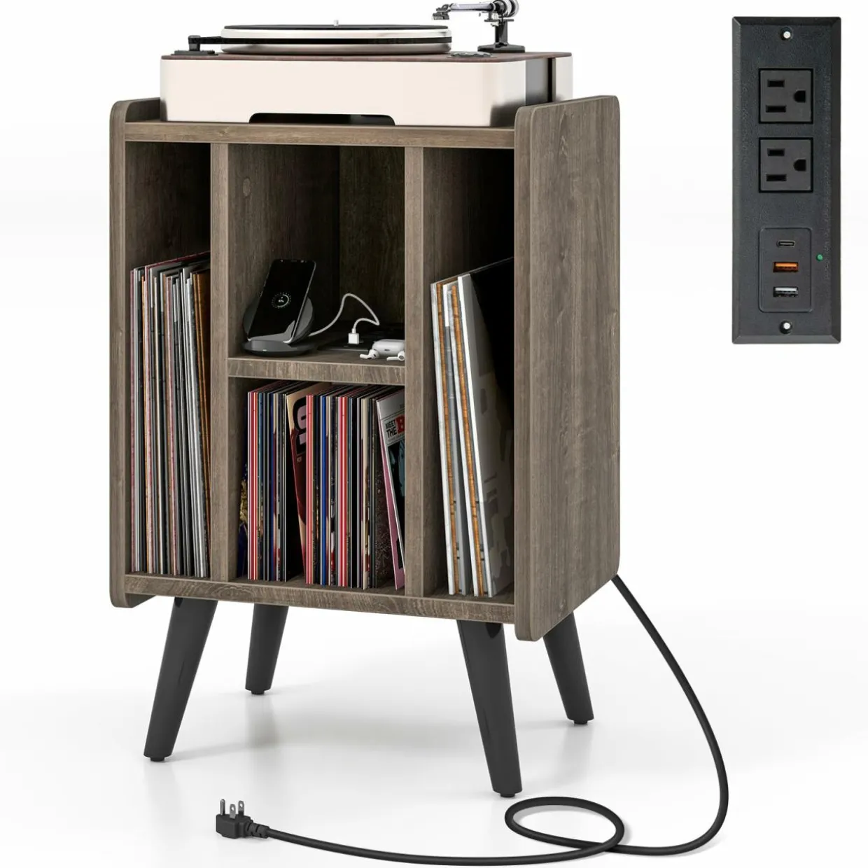 Tangkula Record Player Stand w/Charging Station & USB Ports, Nightstand Sofa Side Table, 27" H
