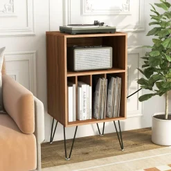 Tangkula Record Player Stand with Charging Station, Turntable Stand with Metal Legs, Vinyl Record Storage Cabinet