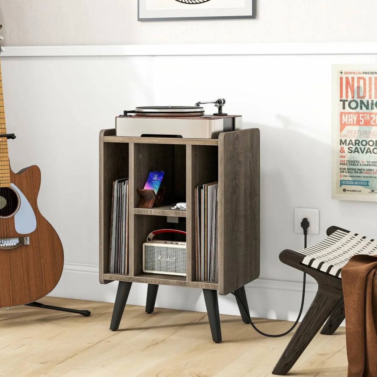 Tangkula Record Player Stand w/Charging Station & USB Ports, Nightstand Sofa Side Table, 27" H