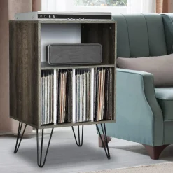 Tangkula Record Player Stand, Turntable Stand with Metal Legs, Vinyl Record Storage Cabinet w/ 5 Open Shelves Holds