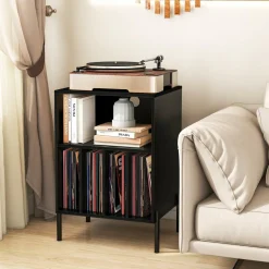 Tangkula Record Player Stand, Turntable Side Table Nightstand w/ Charging Station(Black, 31" H)