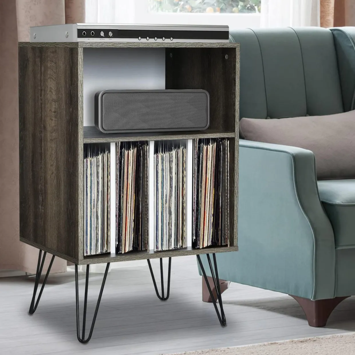 Tangkula Record Player Stand, Turntable Stand with Metal Legs, Vinyl Record Storage Cabinet w/ 5 Open Shelves Holds