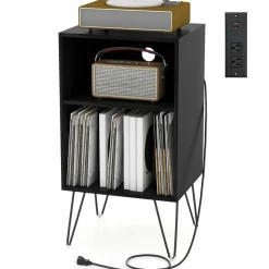 Tangkula Record Player Stand with Charging Station, Turntable Stand with Metal Legs, Vinyl Record Storage Cabinet