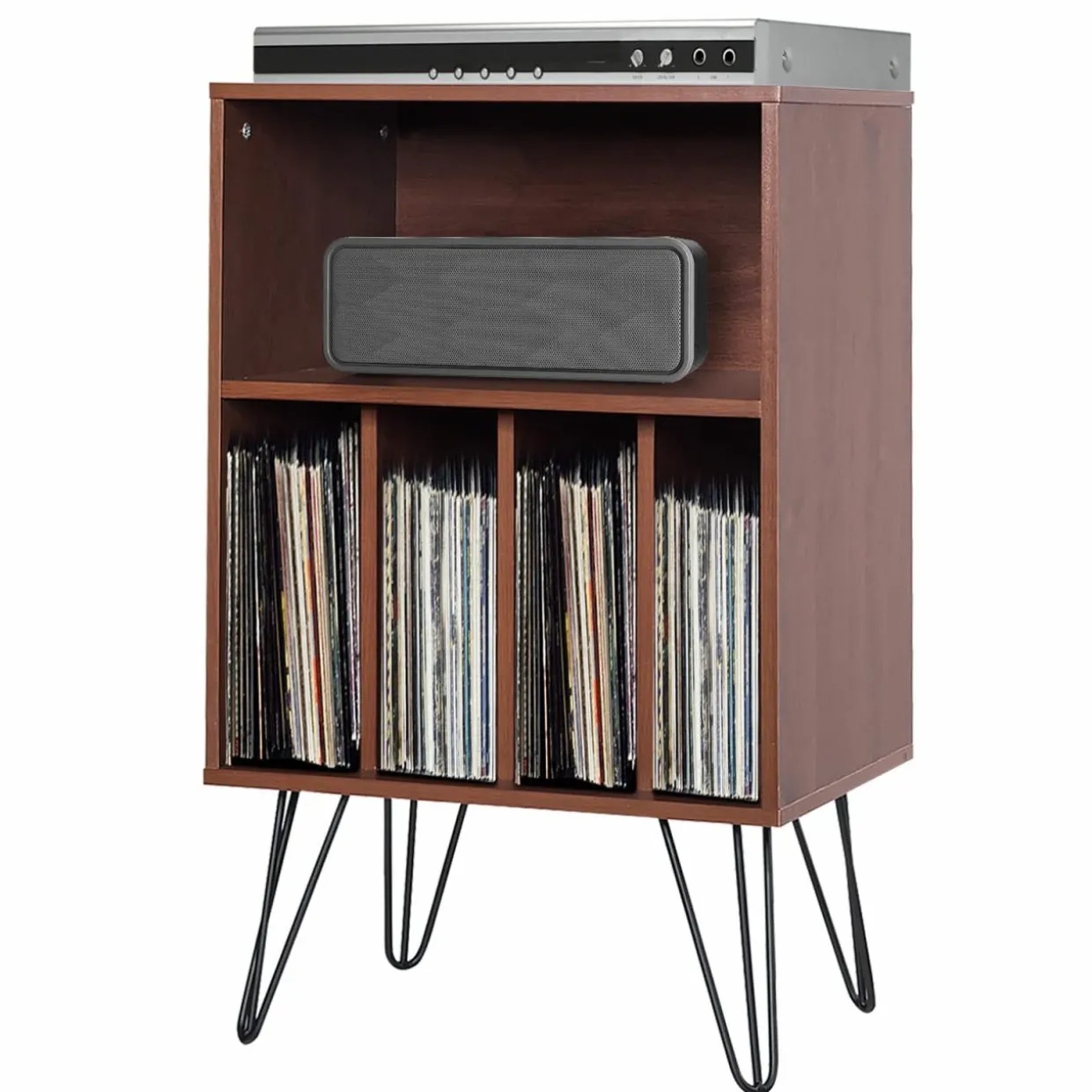 Tangkula Record Player Stand, Turntable Stand with Metal Legs, Vinyl Record Storage Cabinet w/ 5 Open Shelves Holds