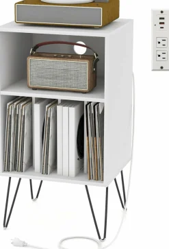 Tangkula Record Player Stand with Charging Station, Turntable Stand with Metal Legs, Vinyl Record Storage Cabinet