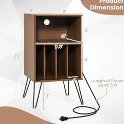 Tangkula Record Player Stand with Charging Station, Turntable Stand with Metal Legs, Vinyl Record Storage Cabinet
