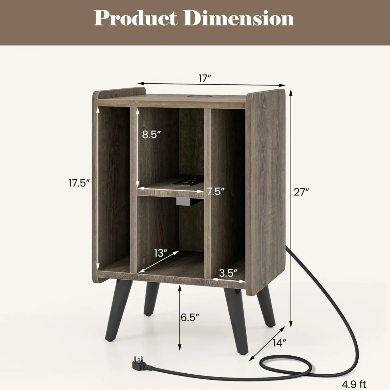 Tangkula Record Player Stand w/Charging Station & USB Ports, Nightstand Sofa Side Table, 27" H