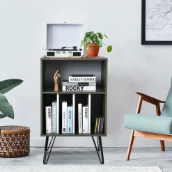 Tangkula Record Player Stand, Turntable Stand with Metal Legs, Vinyl Record Storage Cabinet w/ 5 Open Shelves Holds