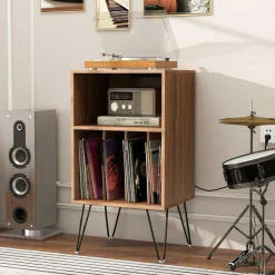 Tangkula Record Player Stand with Charging Station, Turntable Stand with Metal Legs, Vinyl Record Storage Cabinet