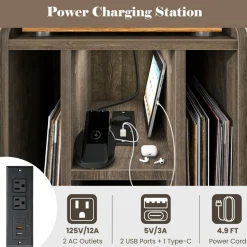 Tangkula Record Player Stand w/Charging Station & USB Ports, Nightstand Sofa Side Table, 27