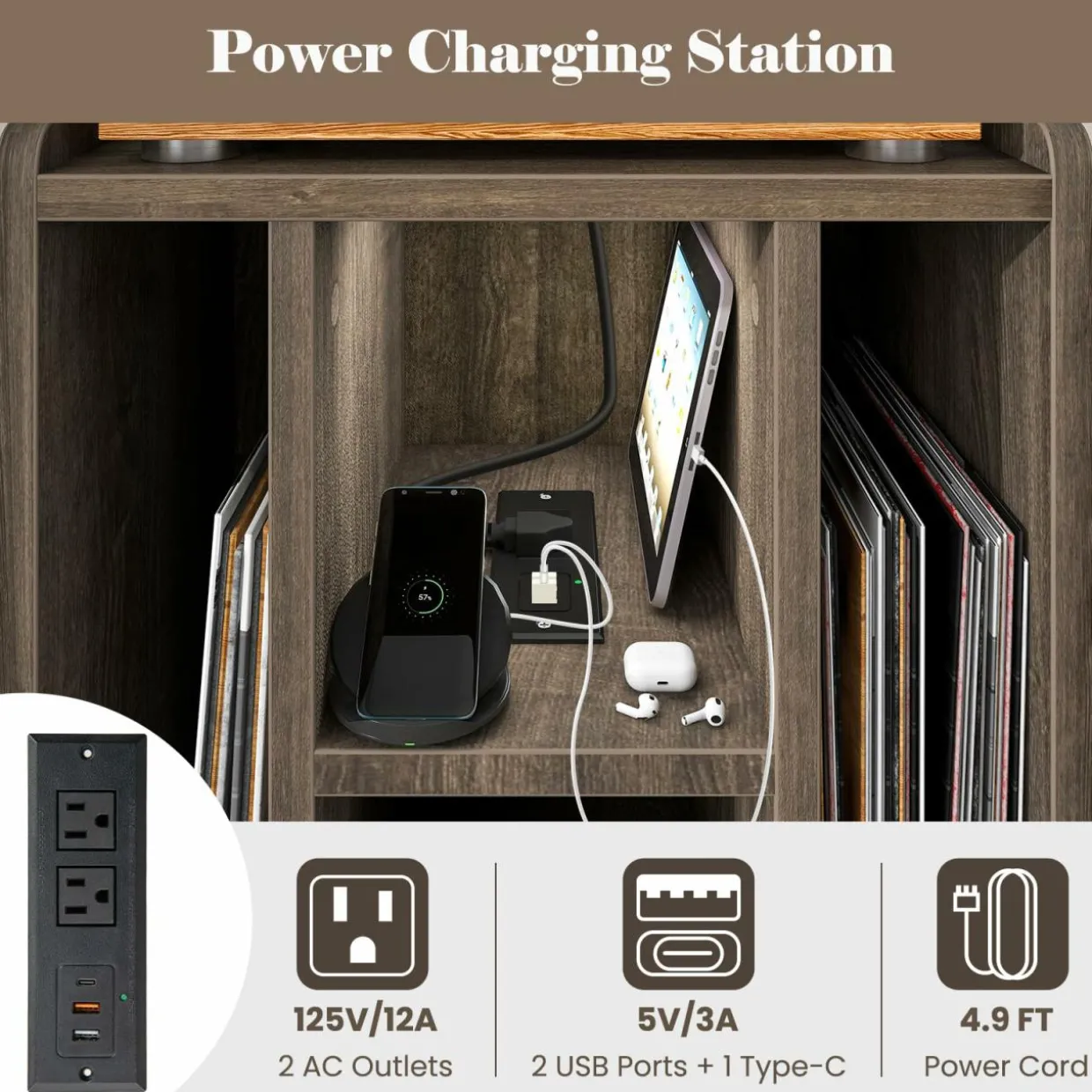 Tangkula Record Player Stand w/Charging Station & USB Ports, Nightstand Sofa Side Table, 27" H