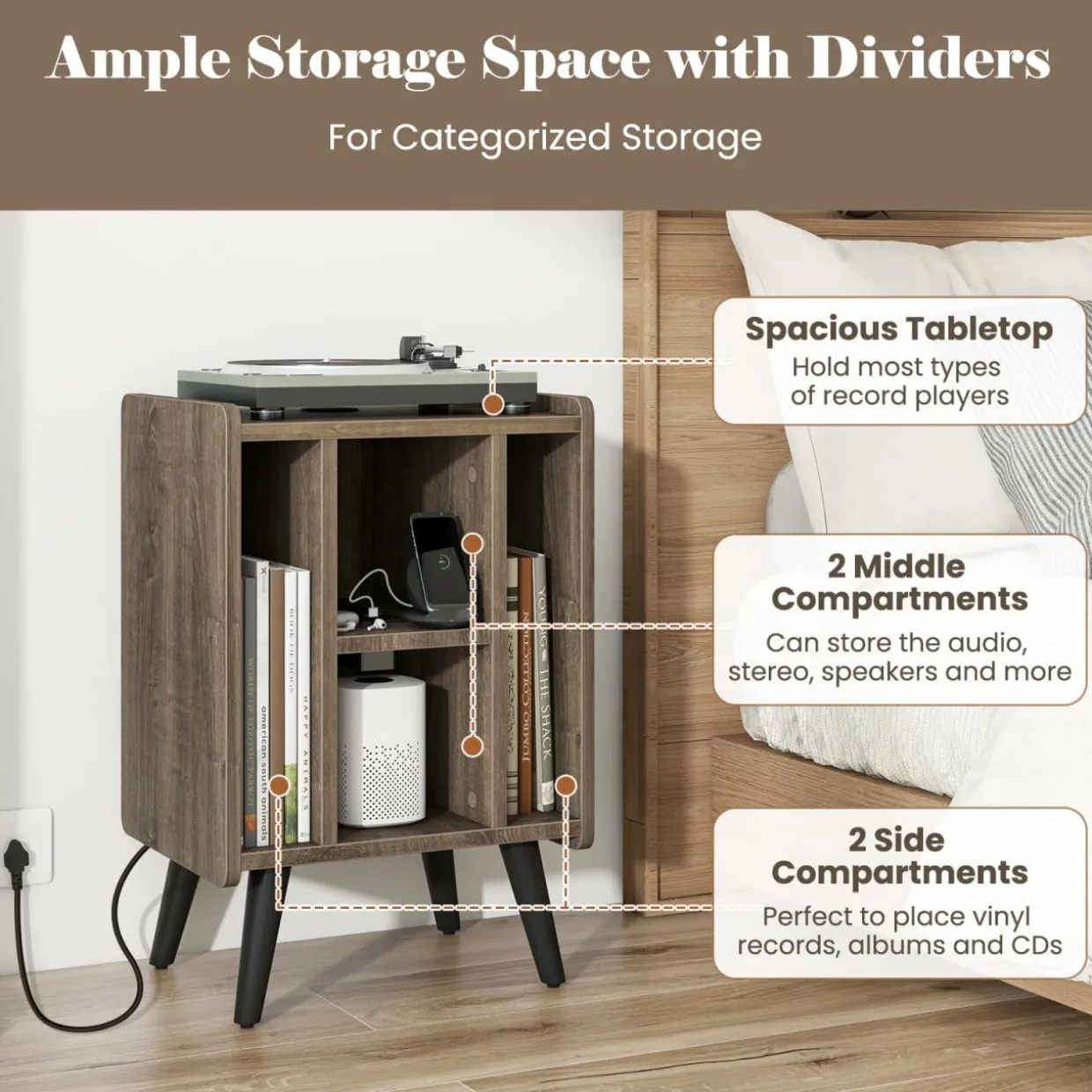 Tangkula Record Player Stand w/Charging Station & USB Ports, Nightstand Sofa Side Table, 27" H