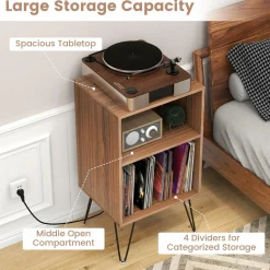 Tangkula Record Player Stand with Charging Station, Turntable Stand with Metal Legs, Vinyl Record Storage Cabinet