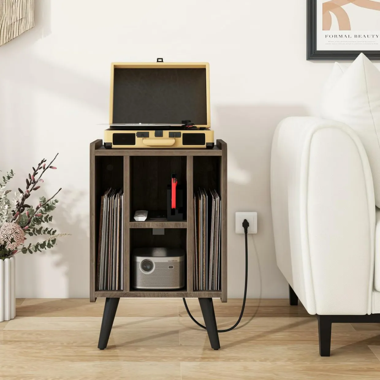 Tangkula Record Player Stand w/Charging Station & USB Ports, Nightstand Sofa Side Table, 27" H