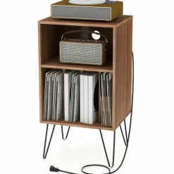 Tangkula Record Player Stand with Charging Station, Turntable Stand with Metal Legs, Vinyl Record Storage Cabinet